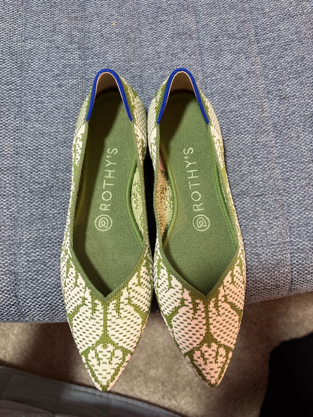 Rothy's Green and Cream Pointed-Toe Knit Flats